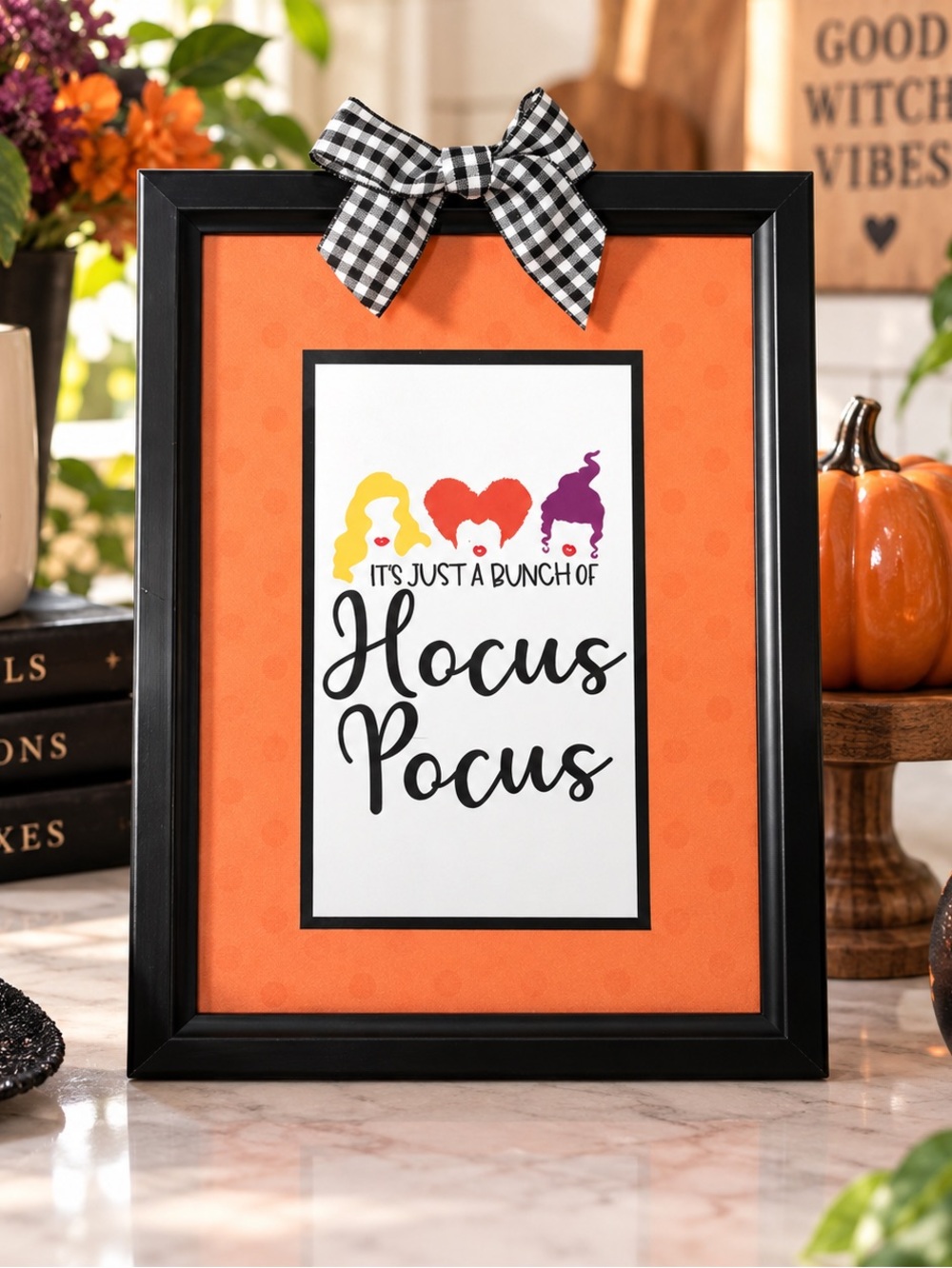 Hocus Pocus Halloween Decor Black 5x7 Frame Gingham Bow New
